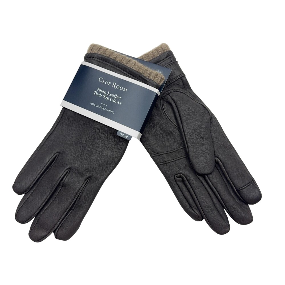 Club Room Snap Leather Tech Tip Touchscreen Gloves Mens M Brown Cashmere NWT